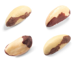 Set with tasty Brazil nuts on white background