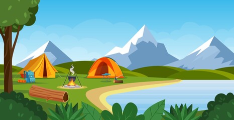 Summer camp with bonfire, tent, backpack