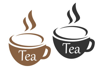 Mug of tea with writing in the set. Vector image.