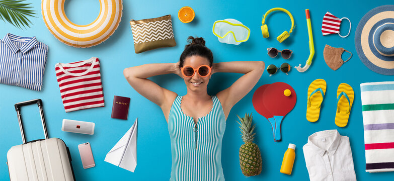 Flat lay top view portrait of young woman, summer holiday, coronavirus, travel and new normal concept.