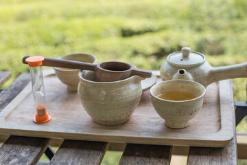 ceramic tea set herbal tea, fresh green tea leaves background.