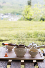 ceramic tea set herbal tea, fresh green tea leaves background.