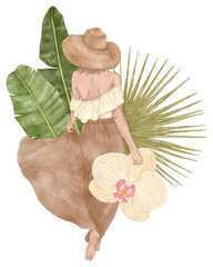 Summer fashion girl with hat and tropical flower orchid, palm leaves


