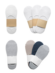 Pairs of cotton socks with blank labels on white background, collage