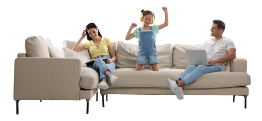 Happy family resting on comfortable sofa against white background
