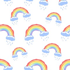A rainbow with clouds and rain. Pattern for children's rooms. Pattern for fabrics. Seamless background.