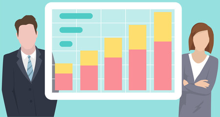 Fototapeta premium Colleagues talk about financial indicators. Workers communicate solve business development issues, collaboration and discussion graphical business report with charts. Teamwork, joint work in company