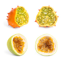 Set with different delicious exotic fruits on white background
