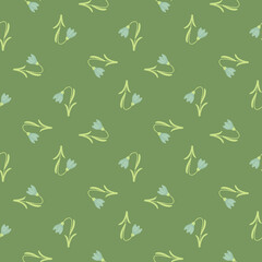 Seamless pattern in doodle style with blue harebell print. Green background. Floral decorative shapes.