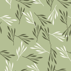 Naklejka na ściany i meble Spring season seamless pattern with random hand drawn leaf branches ornament. Light green background.