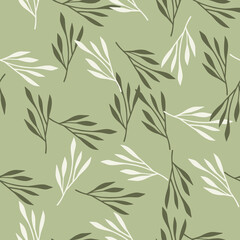 Spring season seamless pattern with random hand drawn leaf branches ornament. Light green background.