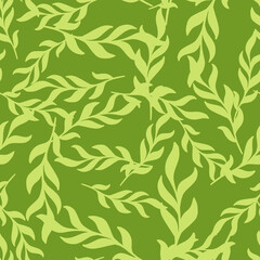 Herbal seamless pattern with leaves twig random silhouettes. Green palette botanic backdrop.