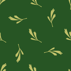 Random seamless doodle pattern with beige doodle leaves print. Green background. Herbal elements.