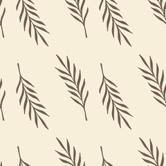Fototapeta na wymiar Botanic seamless pattern with abstract simple leaves branches ornament. Pastel grey background.