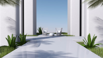 Modern minimalistic interior with arch the Building style modern. 3D illustration, 3D rendering