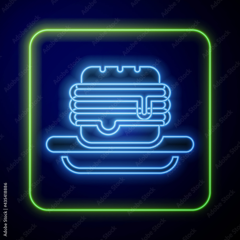 Poster glowing neon junk food icon isolated on blue background. prohibited hot dog. no fast food sign. vect