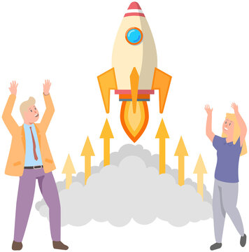 Happy Rich People Watching Rocket Launch. Project, Flying, Startup Concept. Business Startup And Entrepreneurship. Rocket As Symbol Of New Project Flies Into Space. Enjoyment Of Success And Wealth