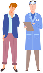 Man with pain in throat in consultation with doctor. Otolaryngologist consults patient with sore throat. Person suffering from pain. Painful sensations of sick person. Young man grabs his hand to neck