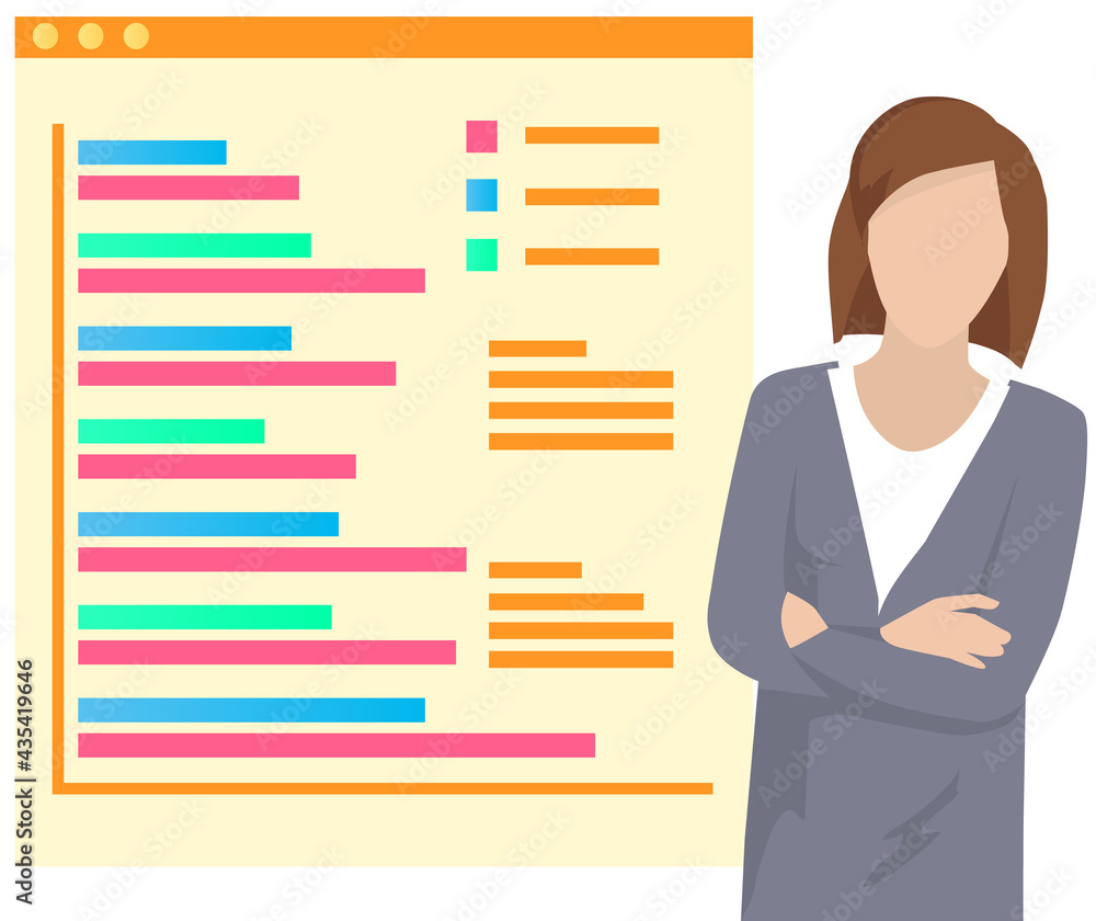 Poster woman submits progress report standing next to big board pointing on charts and graphs. girl present