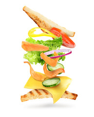 Delicious sandwich with flying ingredients on white background