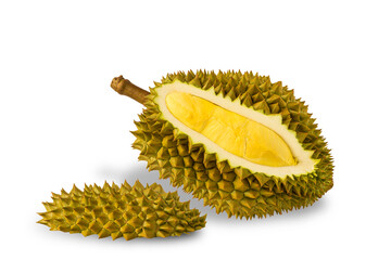 Durian is a king of fruit  in Thailand. Durian the king of fruits The yellow color is on the white background. Ripe durian tropical fruit summer for sweet dessert or snack in Thailand.