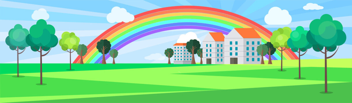 Landscape with residential buildings and green trees. Modern downtown with rainbow after rain. Warm weather in town. Cityscape with buildings and nature. Architecture and vegetation of town