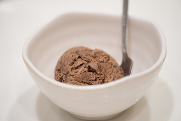Chocolate ice cream in white bowl