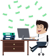 Successful businessman sit with computer surrounded by money bills. Office male employee makes money. Happy man in business suit at workplace with dollar banknotes. Income and high earnings concept