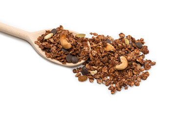 Chocolate granola cereal with nuts in a wooden spoon.