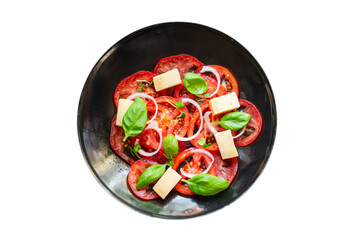 tomato salad veggie vegetable, cheese, onion diet vitamin on the table healthy food keto or paleo diet meal snack copy space food background rustic. top view vegan or vegetarian food
