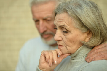 Sad thoughtful senior couple in  park