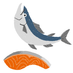 鮭　シャケ　鮭の切り身　クレパス　手書き　素材　イラスト 
