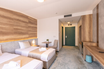 Interior of a double bed hotel bedroom in luxury hotel
