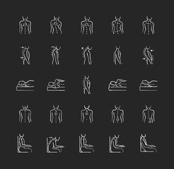 Back and posture problems chalk white icons set on black background. Spinal abnormalities. Maintaining natural alignment. Sitting, sleeping position. Isolated vector chalkboard illustrations