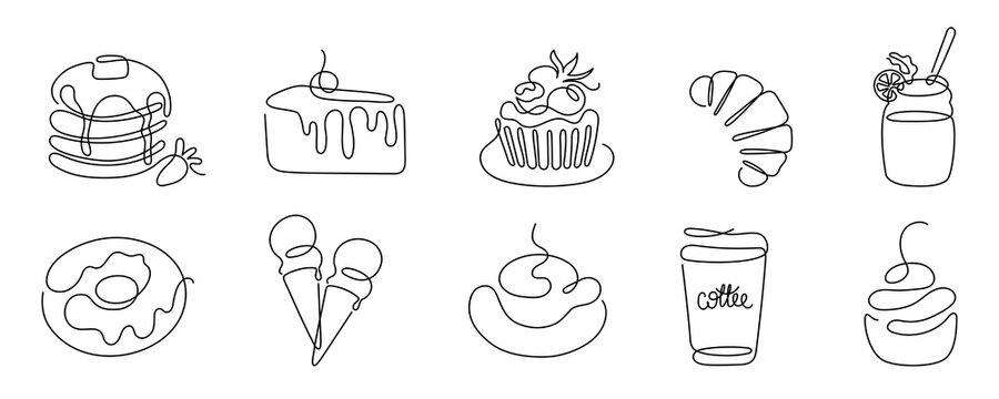 Set of Сontinuous one line art cafe elements. Linear style and Hand drawn logo. Cafe and bakery concept.
