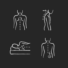 Poor posture problems chalk white icons set on black background. Normal spine. Slouching. Side-lying sleeping position. Hip pain. Good spinal anatomy. Isolated vector chalkboard illustrations