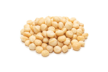 Macadamia nuts isolated on white background.