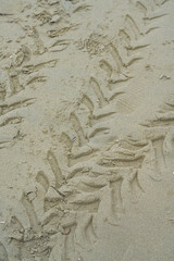 Close-up of the wheel prints of a beach motorcycle on the beach by the sea