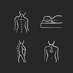 Postural dysfunction chalk white icons set on black background. Head tilt. Incorrect sleeping position. Normal spinal anatomy. Chest pain. Muscle weakness. Isolated vector chalkboard illustrations