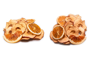 Dried fruit isolated on white background. Dried grapefruit, dried apple, dried pear.