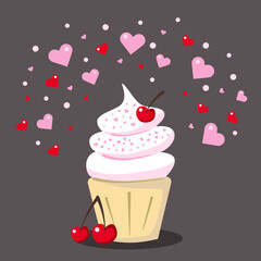 llustration with cupcake, cherries and hearts on a dark background