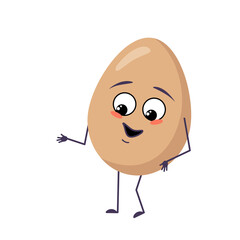 Cute egg character with joy emotions, smiling face, happy eyes, arms and legs. Festive decoration for Easter. A mischievous food hero with eyes