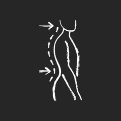 Lumbar lordosis chalk white icon on black background. Excessive inward spine curve. Saddleback appearance. Pain, discomfort. Difficulty with coordination. Isolated vector chalkboard illustration