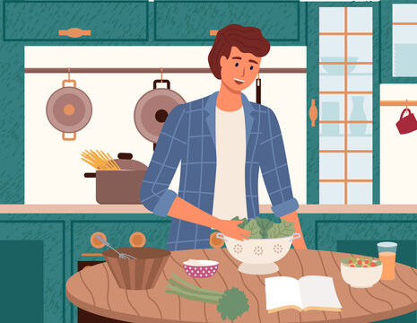 Male character preparing vegetarian salad using recipe from cookbook. Proper nutrition and healthy lifestyle concept. Process of cooking vegetarian dish. Man mixes fresh vegetables for salad