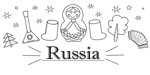 illustration of symbols of Russia, line art image on a white background