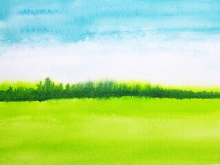 Fototapeta na wymiar watercolor landscape hill green meadow field with blue sky.hand drawn on paper. 