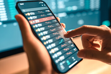 Closeup - Woman is checking Bitcoin price chart on digital exchange on smartphone, cryptocurrency...