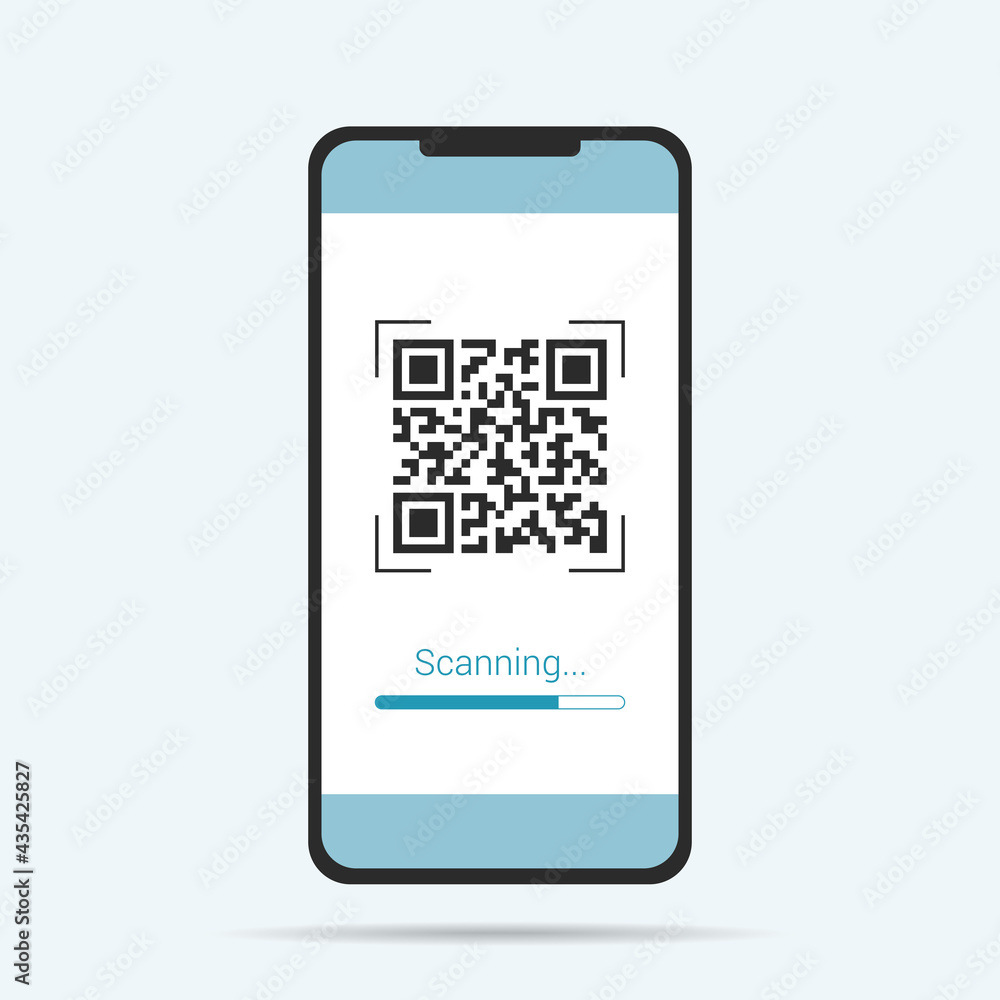 Aufkleber flat design illustration of touch screen smartphone. qr code scanner with scanning text, vector