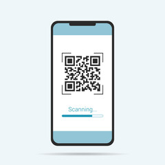 Flat design illustration of touch screen smartphone. QR code scanner with scanning text, vector
