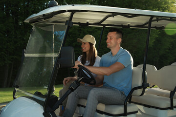 Happy couple driving golf cart in park © New Africa